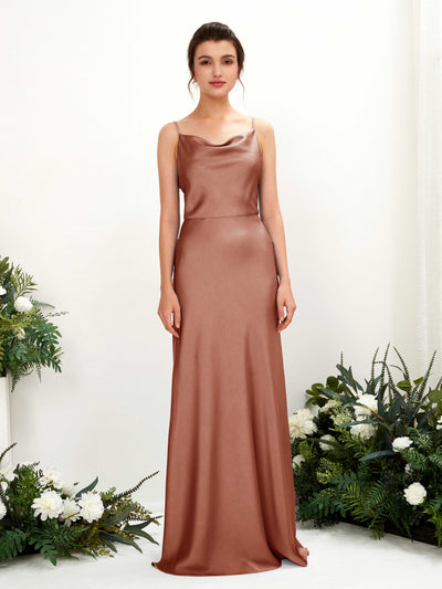 Carlyna Flora A-Line Raw Sienna Satin Bridesmaid Dress Maxi Sleeveless Cowl Neck Dress Front View #color_raw-sienna