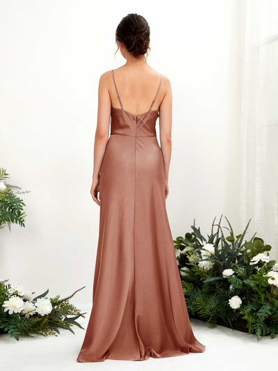 Carlyna Flora A-Line Raw Sienna Satin Bridesmaid Dress Maxi Sleeveless Cowl Neck Dress Back View #color_raw-sienna
