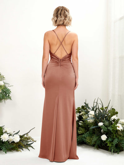 Carlyna Regina Mermaid Raw Sienna Satin Bridesmaid Dress Maxi Sleeveless Cowl Neck Dress #color_raw-sienna