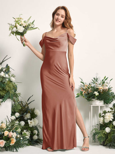 Carlyna Alexis Mermaid Raw Sienna Satin Bridesmaid Dress Maxi Sleeveless Cowl Neck Dress Front View #color_raw-sienna