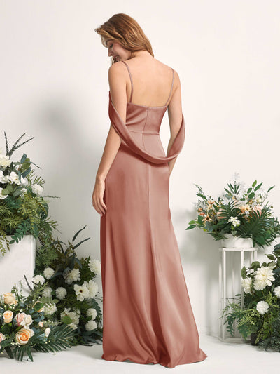 Carlyna Freya Mermaid Raw Sienna Satin Bridesmaid Dress Maxi Sleeveless V-Neck Dress Back View #color_raw-sienna