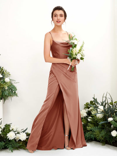 Carlyna Mavis Slim Raw Sienna Satin Bridesmaid Dress Maxi Sleeveless Cowl Neck Dress #color_raw-sienna