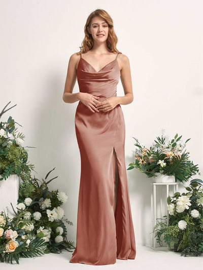 Carlyna Hayley Mermaid Raw Sienna Satin Bridesmaid Dress Maxi Sleeveless V-Neck Dress Front View #color_raw-sienna