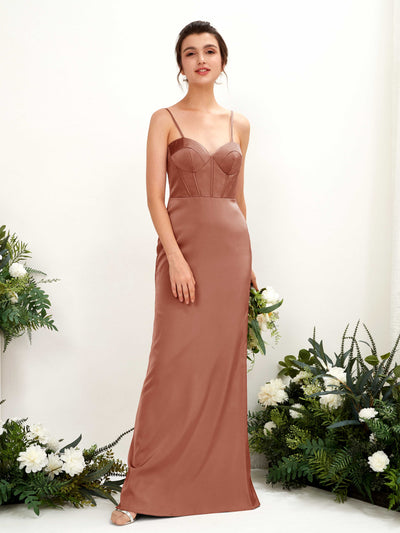 Carlyna Cathy Mermaid Raw Sienna Satin Bridesmaid Dress Maxi Sleeveless Sweetheart Dress Front View #color_raw-sienna
