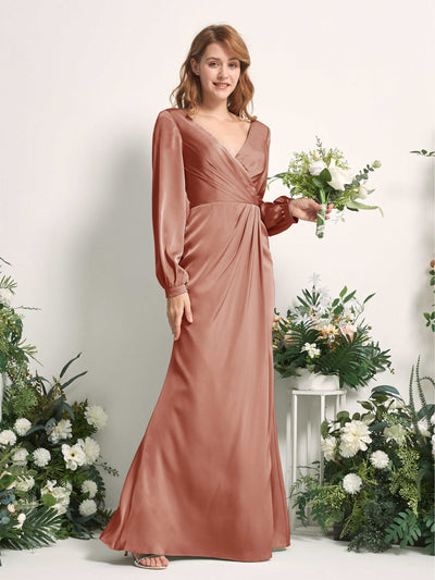 Carlyna Taylor Mermaid Raw Sienna Satin Bridesmaid Dress Maxi Long Sleeve V-Neck  #color_raw-sienna