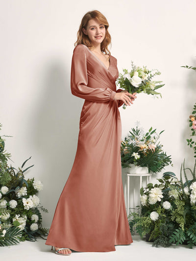Carlyna Taylor Mermaid Raw Sienna Satin Bridesmaid Dress Maxi Long Sleeve V-Neck  #color_raw-sienna