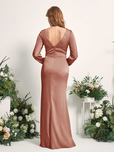 Carlyna Taylor Mermaid Raw Sienna Satin Bridesmaid Dress Maxi Long Sleeve V-Neck  #color_raw-sienna