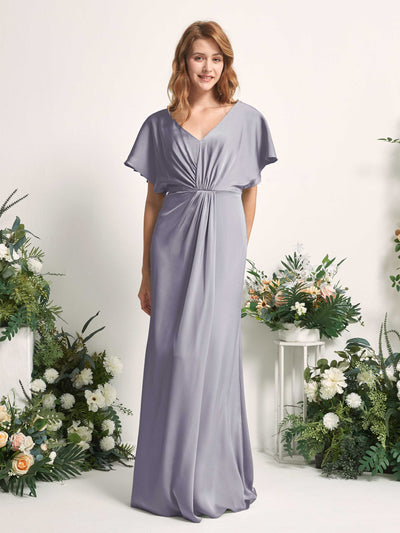 Carlyna Bailey A-Line Purple Haze Satin Bridesmaid Dress Maxi Cap Sleeve V-Neck Dress Front View #color_purple-haze