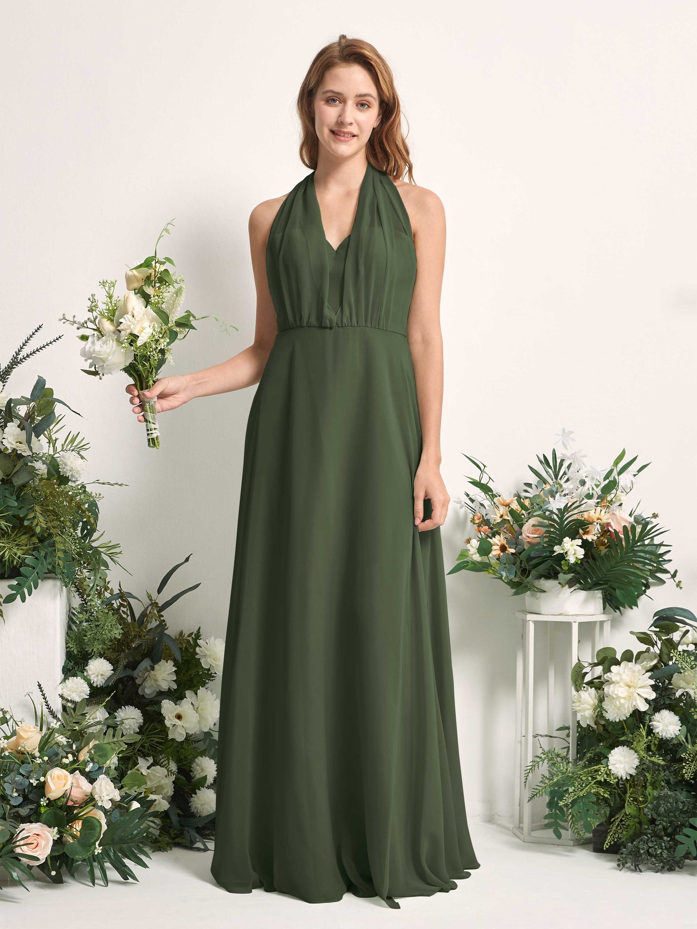 Bridesmaid Dress A-line Chiffon Halter Full Length Short Sleeves Wedding Party Dress - Martini Olive (81226307)#color_martini-olive
