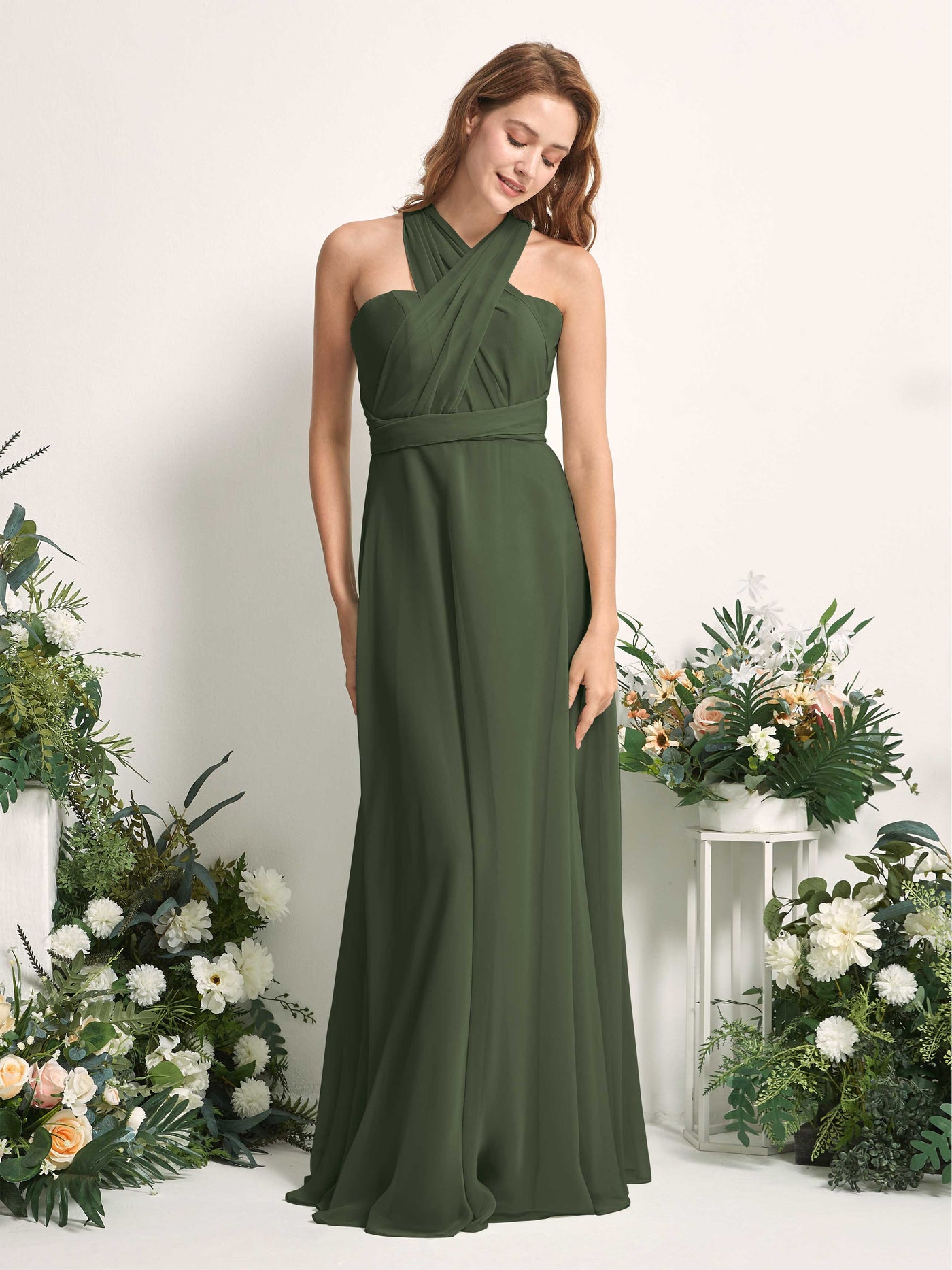 Bridesmaid Dress A-line Chiffon Halter Full Length Short Sleeves Wedding Party Dress - Martini Olive (81226307)#color_martini-olive