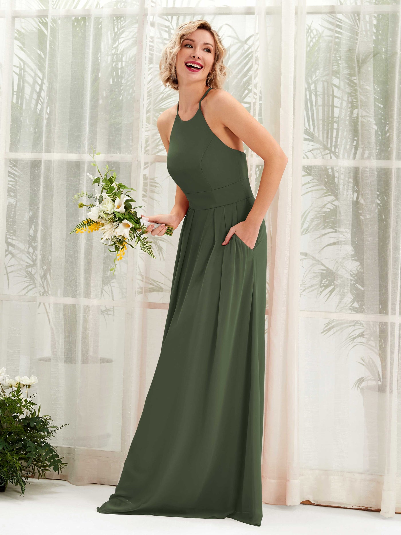 A-line Ball Gown Halter Spaghetti-straps Sleeveless Bridesmaid Dress - Martini Olive (81225207)#color_martini-olive