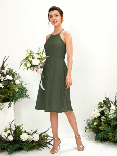 Carlyna Davina A-Line Martini Olive Bridesmaid Dress Knee-Length Sleeveless Round Neck Dress Front View #color_martini-olive