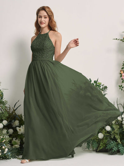 Carlyna Denise A-Line Martini Olive Embroidered Bridesmaid Dress Maxi Sleeveless Round Neck Dress Side View 2 #color_martini-olive