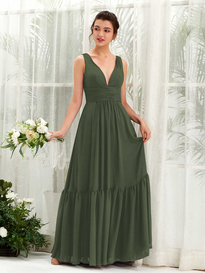 Carlyna Alissa A-Line Martini Olive Bridesmaid Dress Maxi Sleeveless V-Neck Dress Front View #color_martini-olive