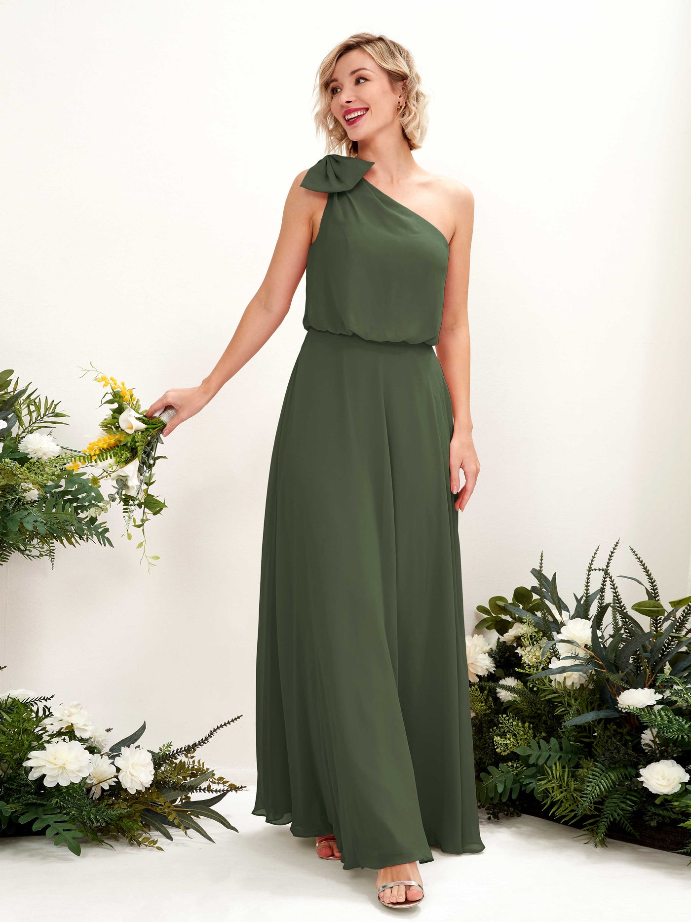 A-line One Shoulder Sleeveless Chiffon Bridesmaid Dress - Martini Olive (81225507)#color_martini-olive