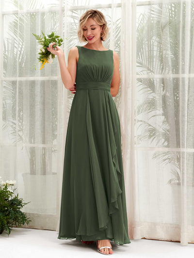 Carlyna Brianna A-Line Martini Olive Bridesmaid Dress Maxi Sleeveless Boat Neck Dress Front View #color_martini-olive