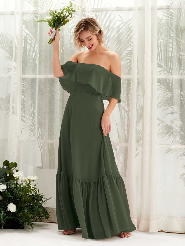 A-line Off Shoulder Chiffon Bridesmaid Dress - Martini Olive (81224507)