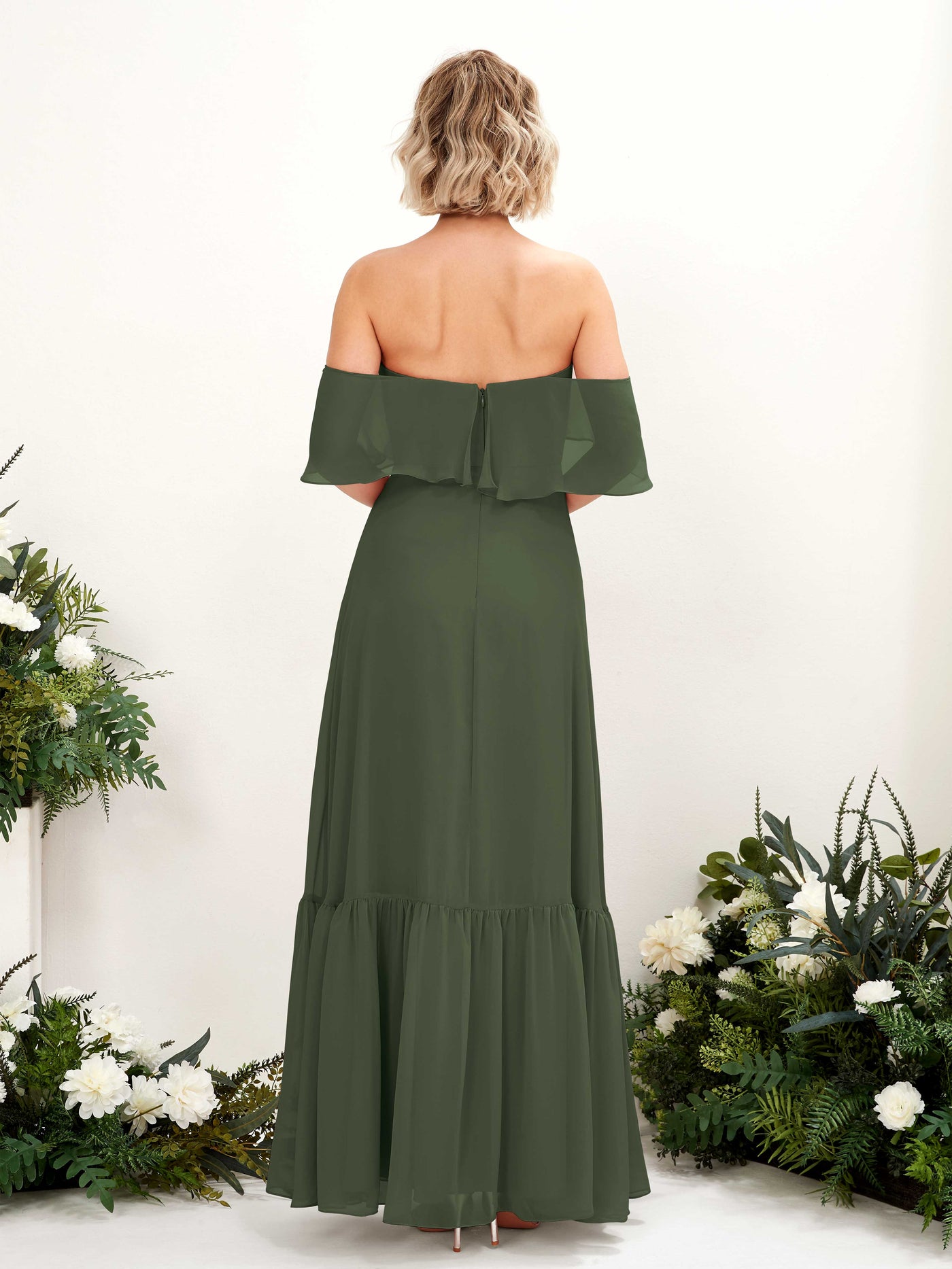 A-line Off Shoulder Chiffon Bridesmaid Dress - Martini Olive (81224507)#color_martini-olive