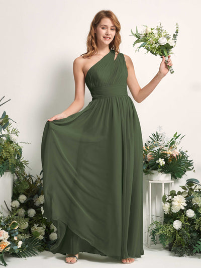 Carlyna Evelyn A-Line Martini Olive Bridesmaid Dress Maxi Sleeveless One Shoulder Dress Front View #color_martini-olive