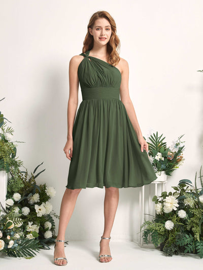 Carlyna Echo A-Line Martini Olive Bridesmaid Dress Knee-Length Sleeveless One Shoulder Dress Front View #color_martini-olive