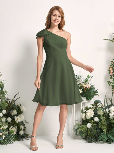 Carlyna Brenda A-Line Martini Olive Bridesmaid Dress Knee-Length Sleeveless One Shoulder Dress Front View #color_martini-olive