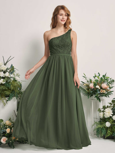 Carlyna Bonita A-Line Martini Olive Embroidered Bridesmaid Dress Maxi Sleeveless One Shoulder Dress Front View #color_martini-olive