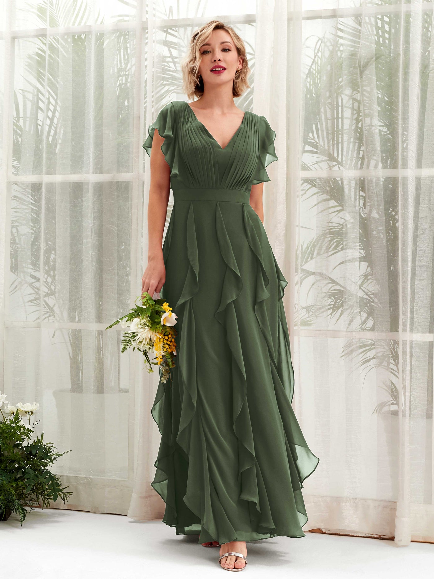 A-line V-neck Short Sleeves Chiffon Bridesmaid Dress - Martini Olive (81226007)#color_martini-olive