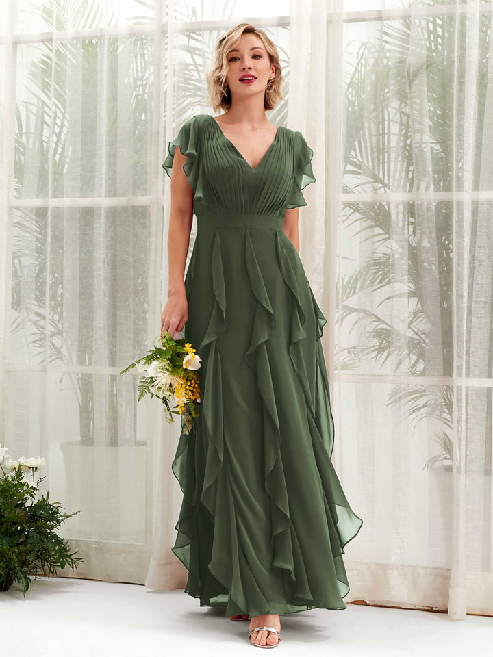 A-line V-neck Short Sleeves Chiffon Bridesmaid Dress - Martini Olive (81226007)