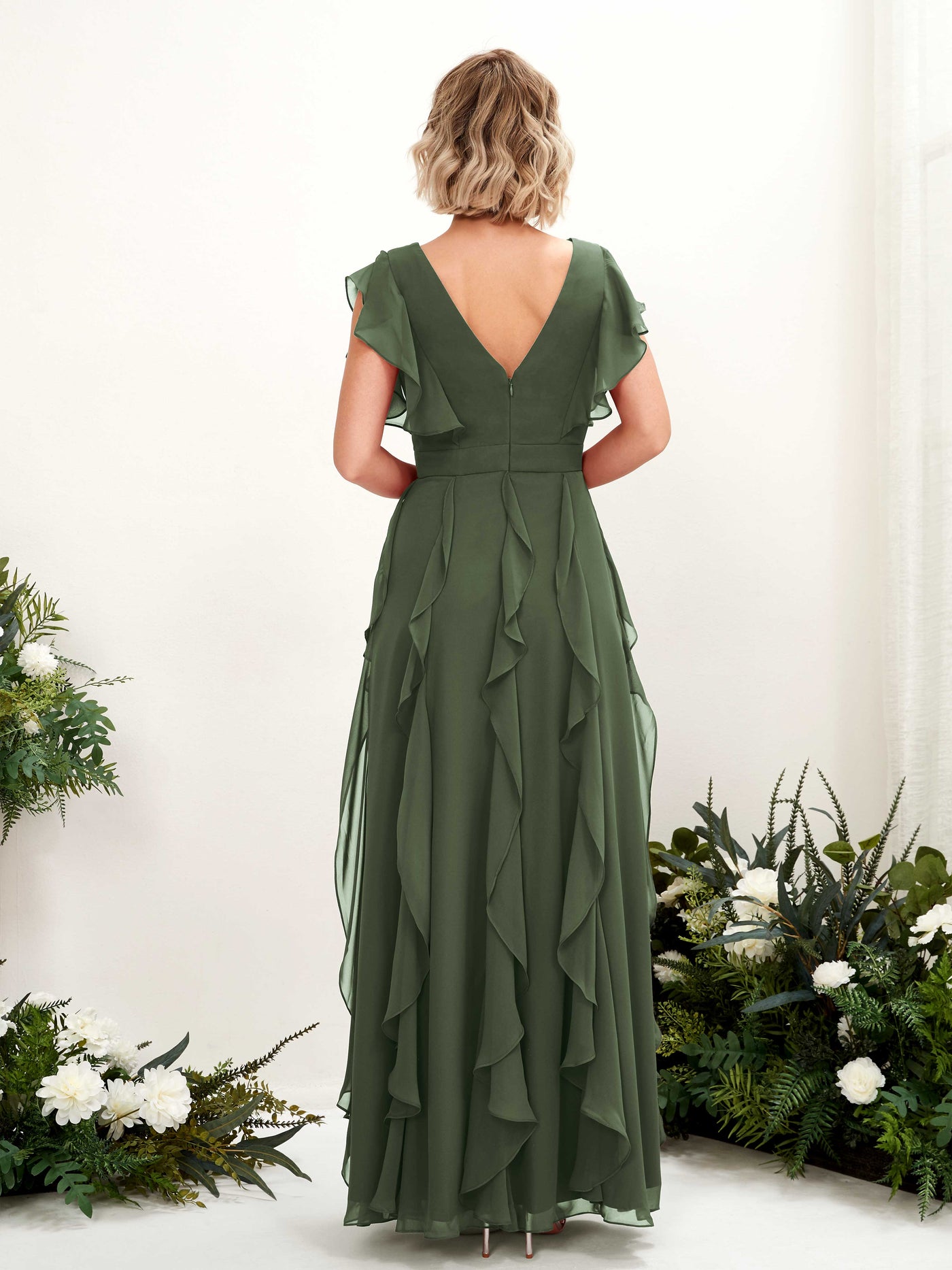A-line V-neck Short Sleeves Chiffon Bridesmaid Dress - Martini Olive (81226007)#color_martini-olive