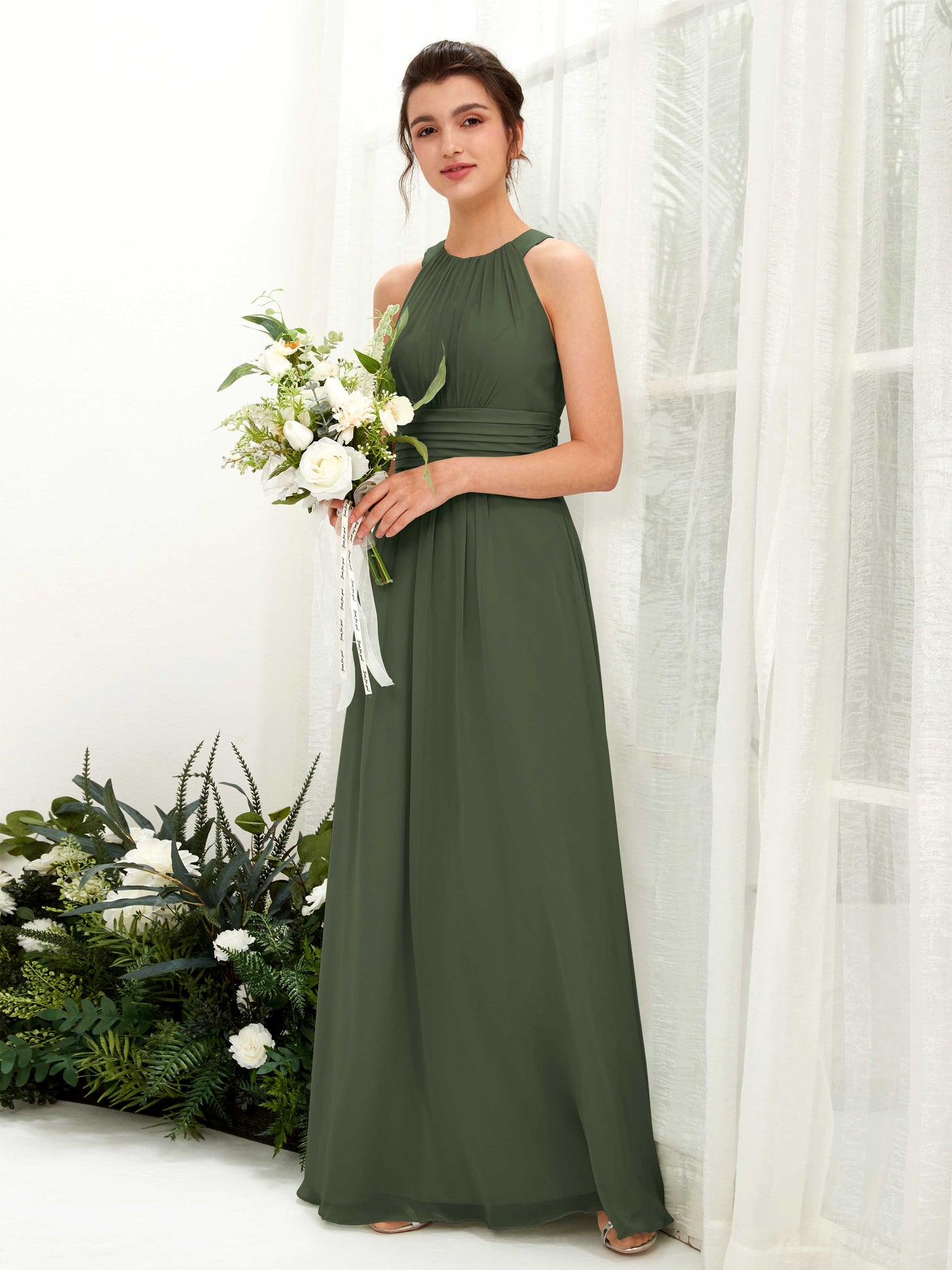 A-line Round Sleeveless Chiffon Bridesmaid Dress - Martini Olive (81221507)#color_martini-olive