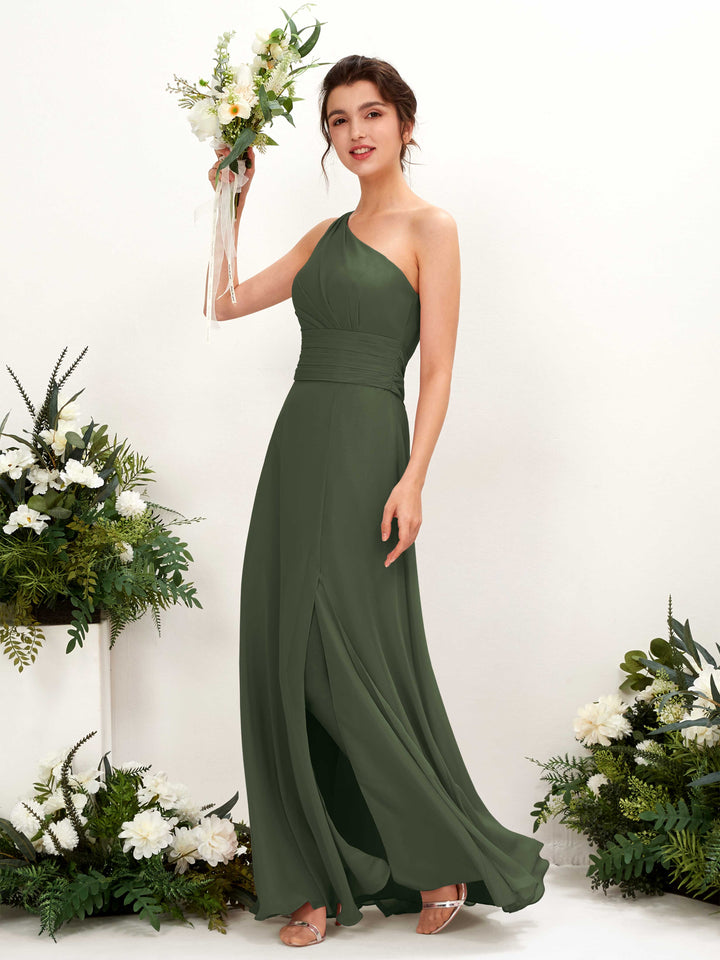 A-line One Shoulder Sleeveless Bridesmaid Dress - Martini Olive (81224707)