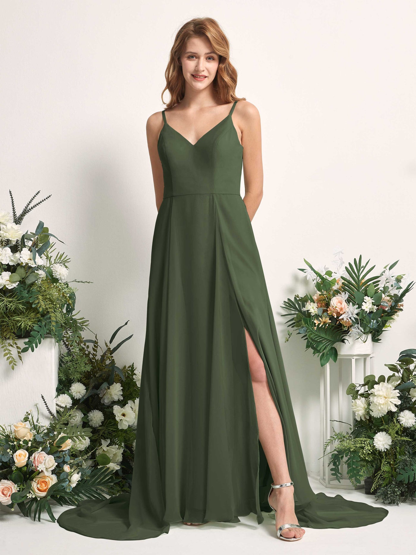 Bridesmaid Dress A-line Chiffon Spaghetti-straps Full Length Sleeveless Wedding Party Dress - Martini Olive (81227707)#color_martini-olive