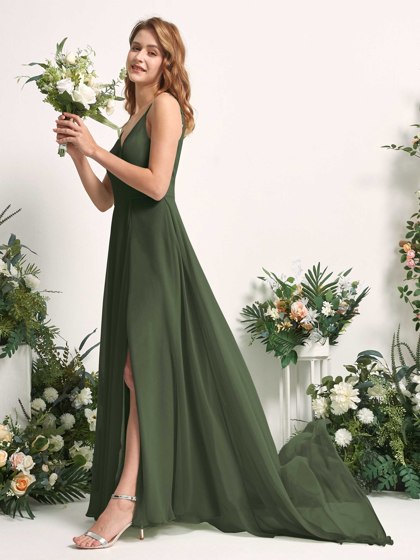 Bridesmaid Dress A-line Chiffon Spaghetti-straps Full Length Sleeveless Wedding Party Dress - Martini Olive (81227707)#color_martini-olive