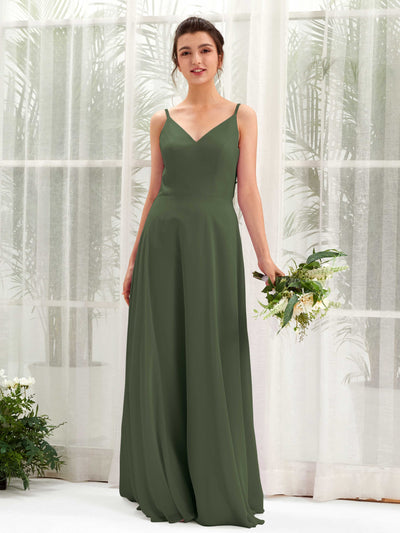 Carlyna Elsa A-Line Martini Olive Bridesmaid Dress Maxi Sleeveless V-Neck Dress Front View #color_martini-olive