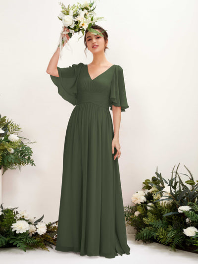 Carlyna Odette A-Line Martini Olive Bridesmaid Dress Maxi Short Sleeve V-Neck Dress #color_martini-olive