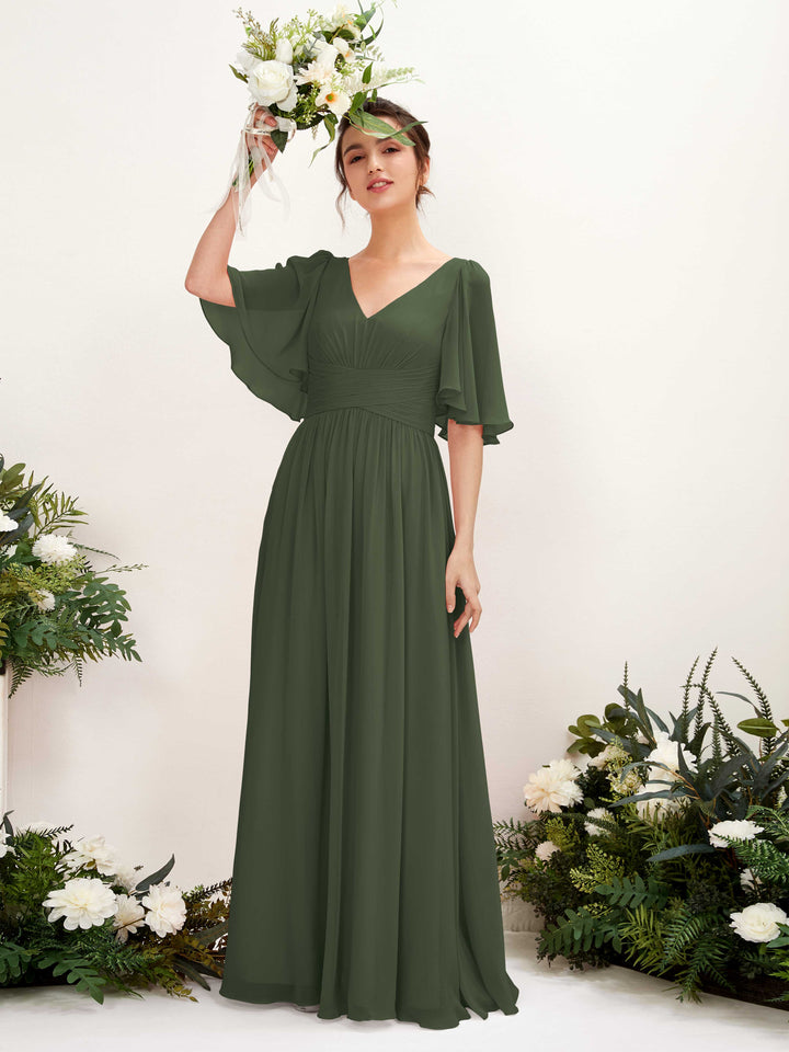 A-line V-neck 1/2 Sleeves Chiffon Bridesmaid Dress - Martini Olive (81221607)