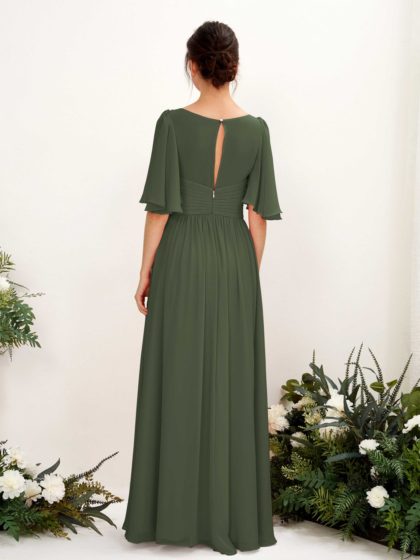 A-line V-neck 1/2 Sleeves Chiffon Bridesmaid Dress - Martini Olive (81221607)#color_martini-olive