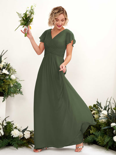 Carlyna Tolly A-Line Martini Olive Bridesmaid Dress Maxi Cap Sleeve V-Neck Dress #color_martini-olive