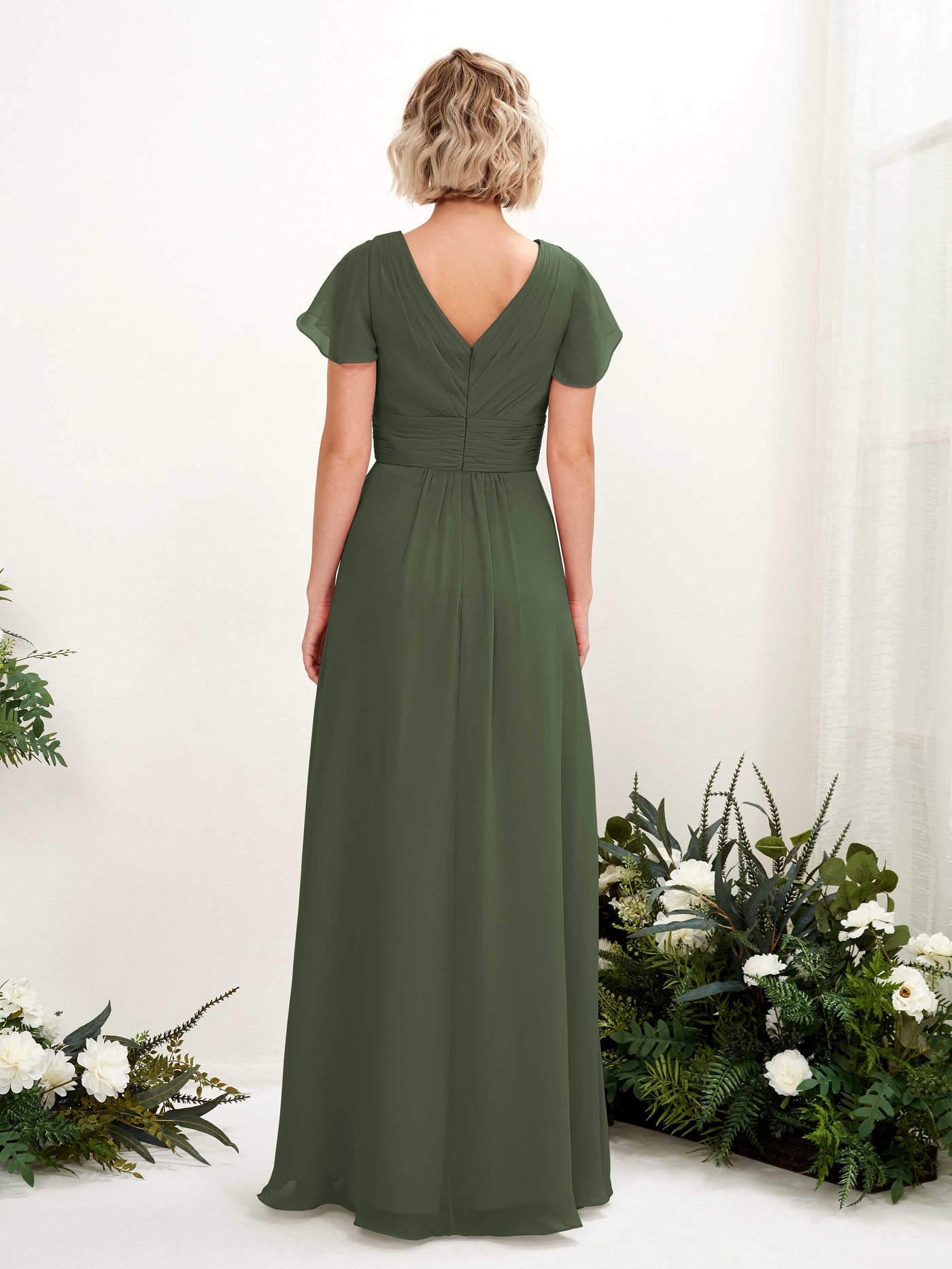 A-line V-neck Cap Sleeves Chiffon Bridesmaid Dress - Martini Olive (81224307)#color_martini-olive
