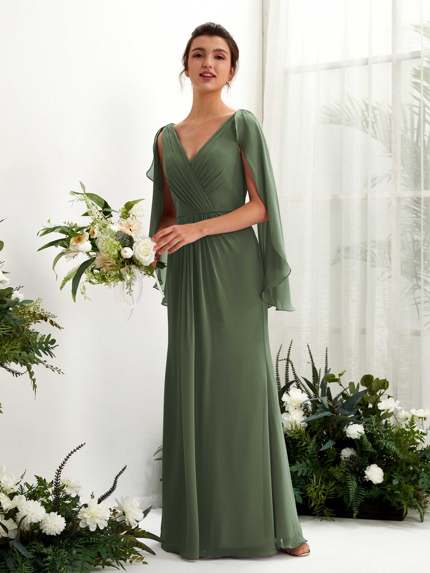 A-line V-neck Chiffon Bridesmaid Dress - Martini Olive (80220107)#color_martini-olive