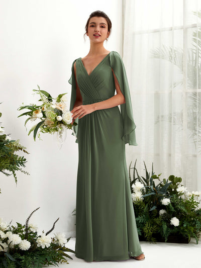 Carlyna Alain A-Line Martini Olive Bridesmaid Dress Maxi Cap Sleeve V-Neck Dress Front View #color_martini-olive