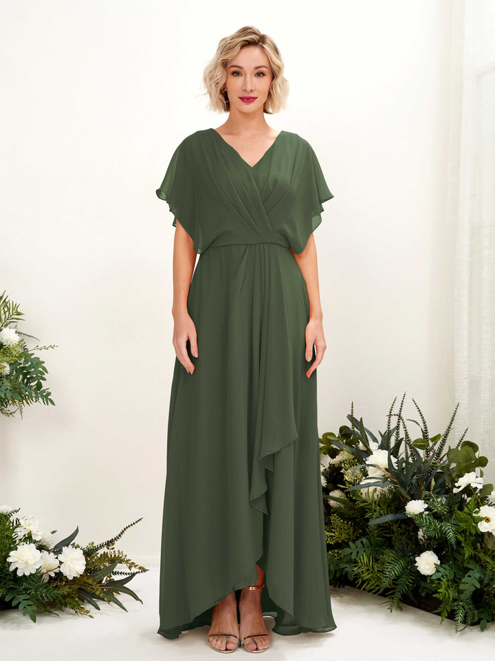 A-line V-neck Short Sleeves Chiffon Bridesmaid Dress - Martini Olive (81222107)