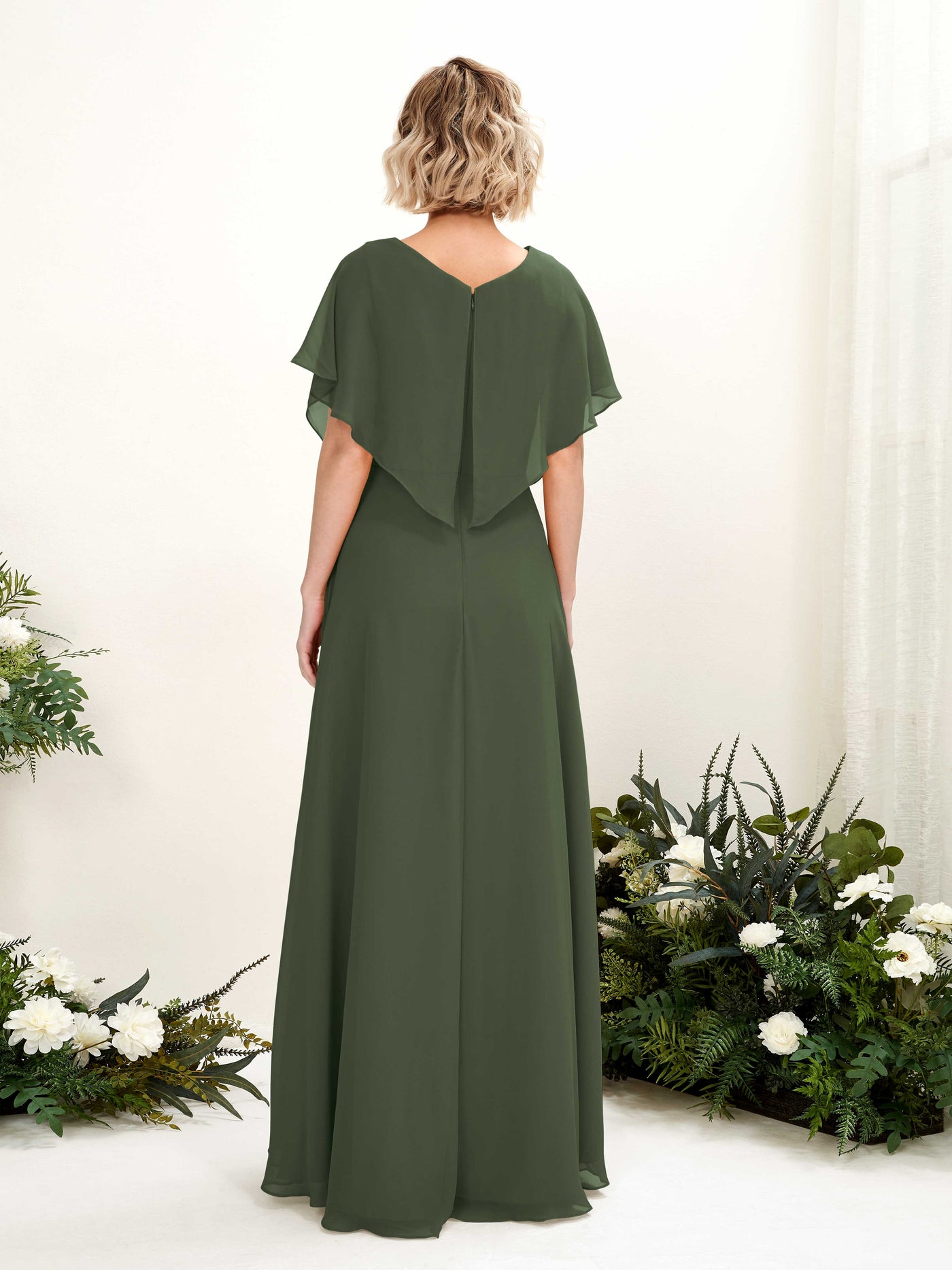 A-line V-neck Short Sleeves Chiffon Bridesmaid Dress - Martini Olive (81222107)#color_martini-olive