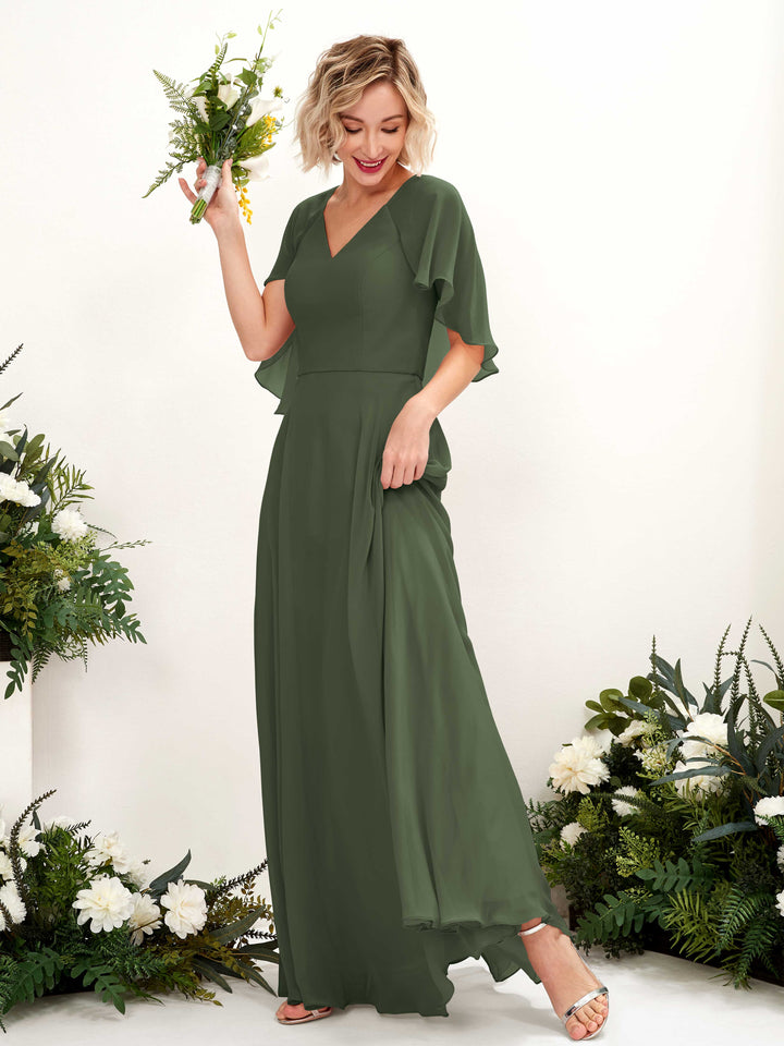 A-line V-neck Short Sleeves Chiffon Bridesmaid Dress - Martini Olive (81224407)