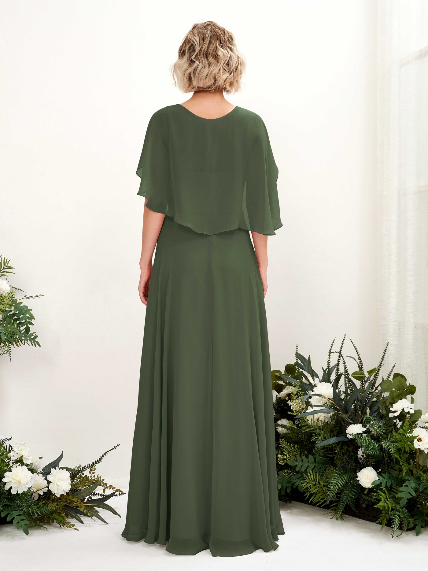 A-line V-neck Short Sleeves Chiffon Bridesmaid Dress - Martini Olive (81224407)#color_martini-olive