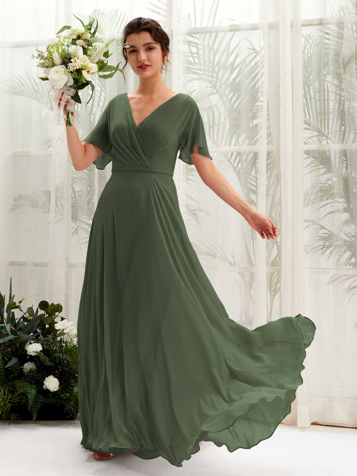 A-line V-neck Short Sleeves Chiffon Bridesmaid Dress - Martini Olive (81224607)