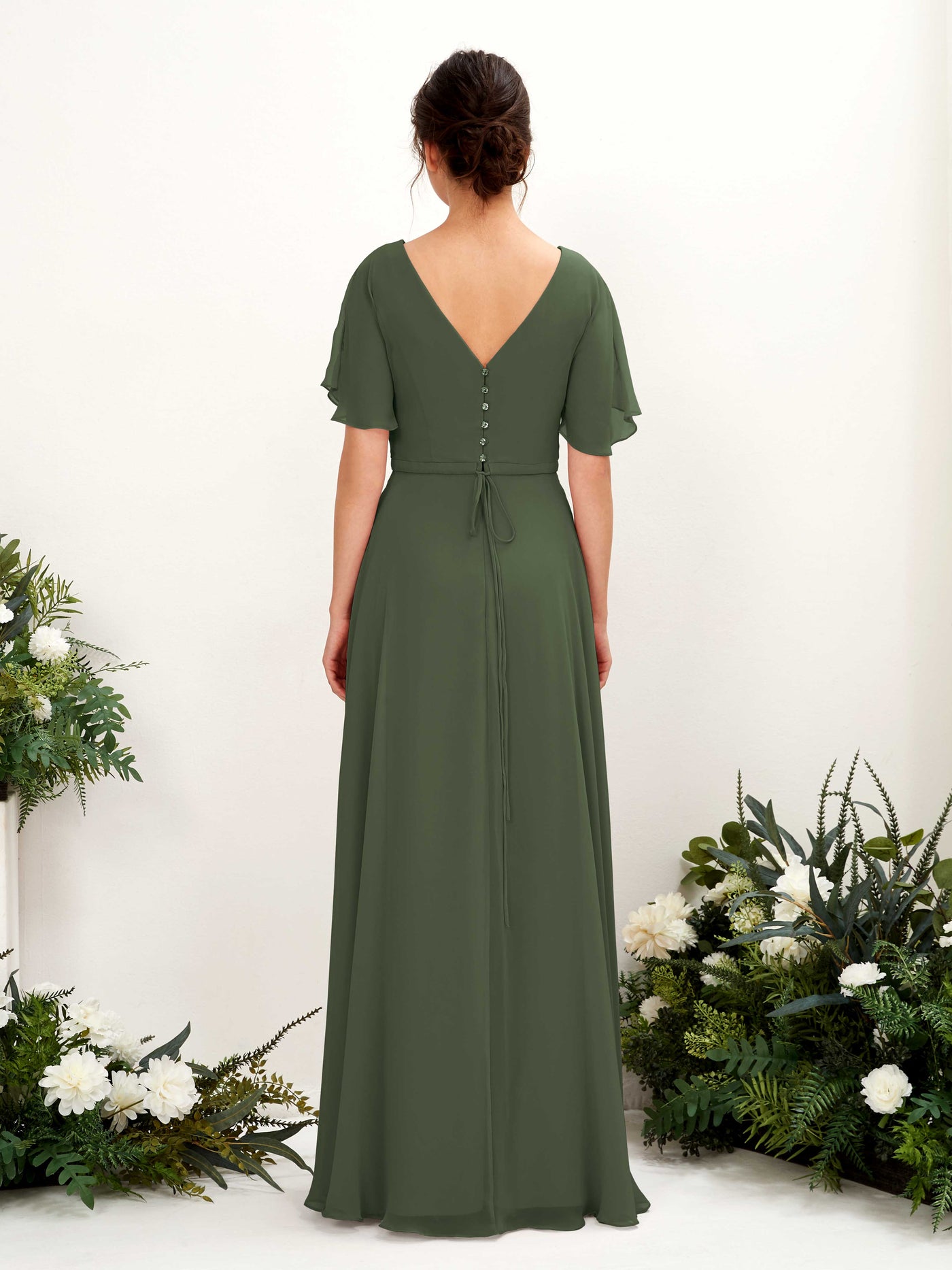A-line V-neck Short Sleeves Chiffon Bridesmaid Dress - Martini Olive (81224607)#color_martini-olive