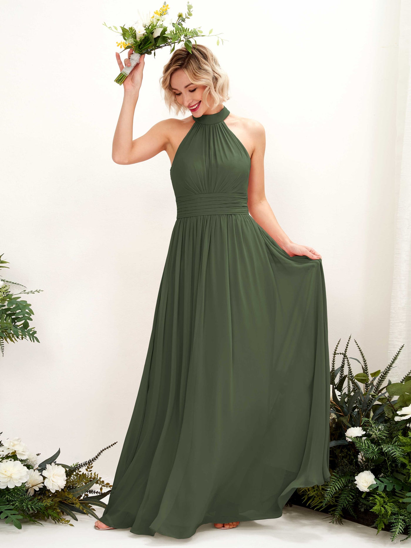 Ball Gown Halter Sleeveless Chiffon Bridesmaid Dress - Martini Olive (81225307)#color_martini-olive