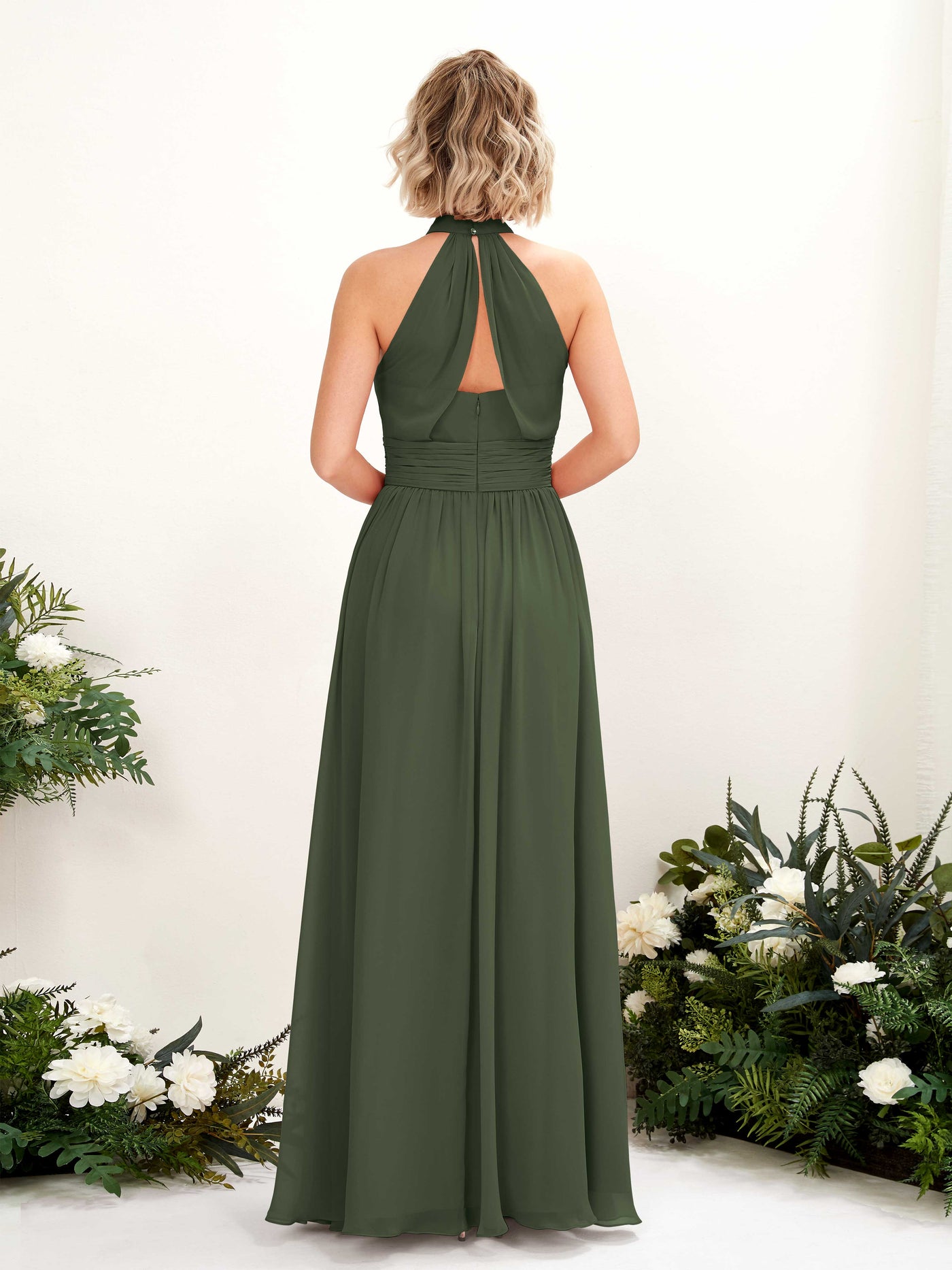 Ball Gown Halter Sleeveless Chiffon Bridesmaid Dress - Martini Olive (81225307)#color_martini-olive