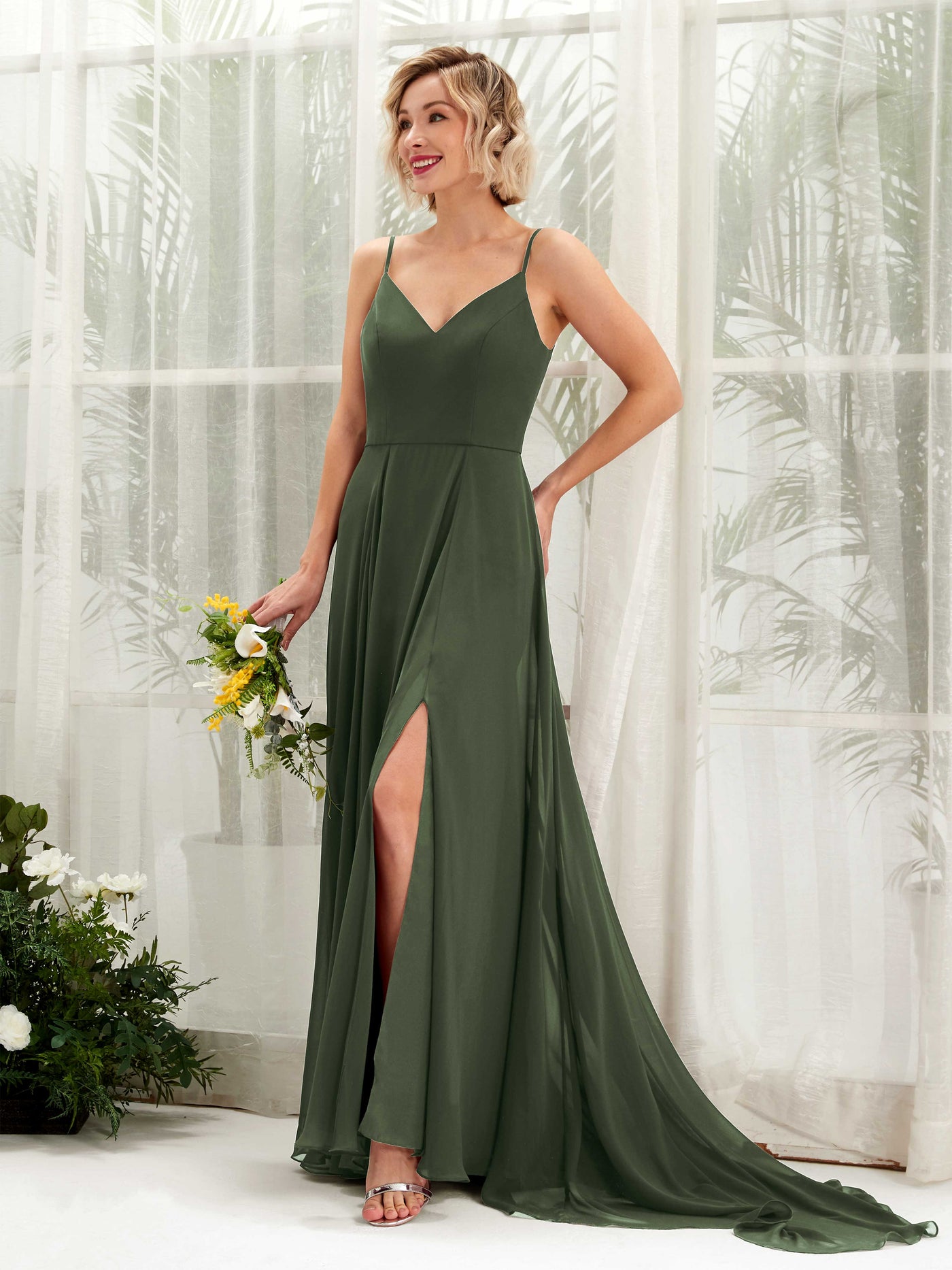 Ball Gown V-neck Sleeveless Bridesmaid Dress - Martini Olive (81224107)#color_martini-olive